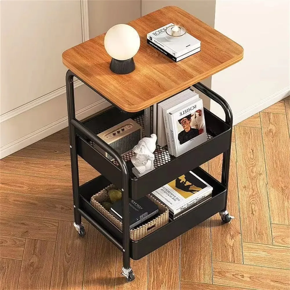 3 Tier Metal Storage Trolley on Wheels with Wooden Table Top Side Table Sofa End Table for Living Room Bathroom Kitchen Laundry