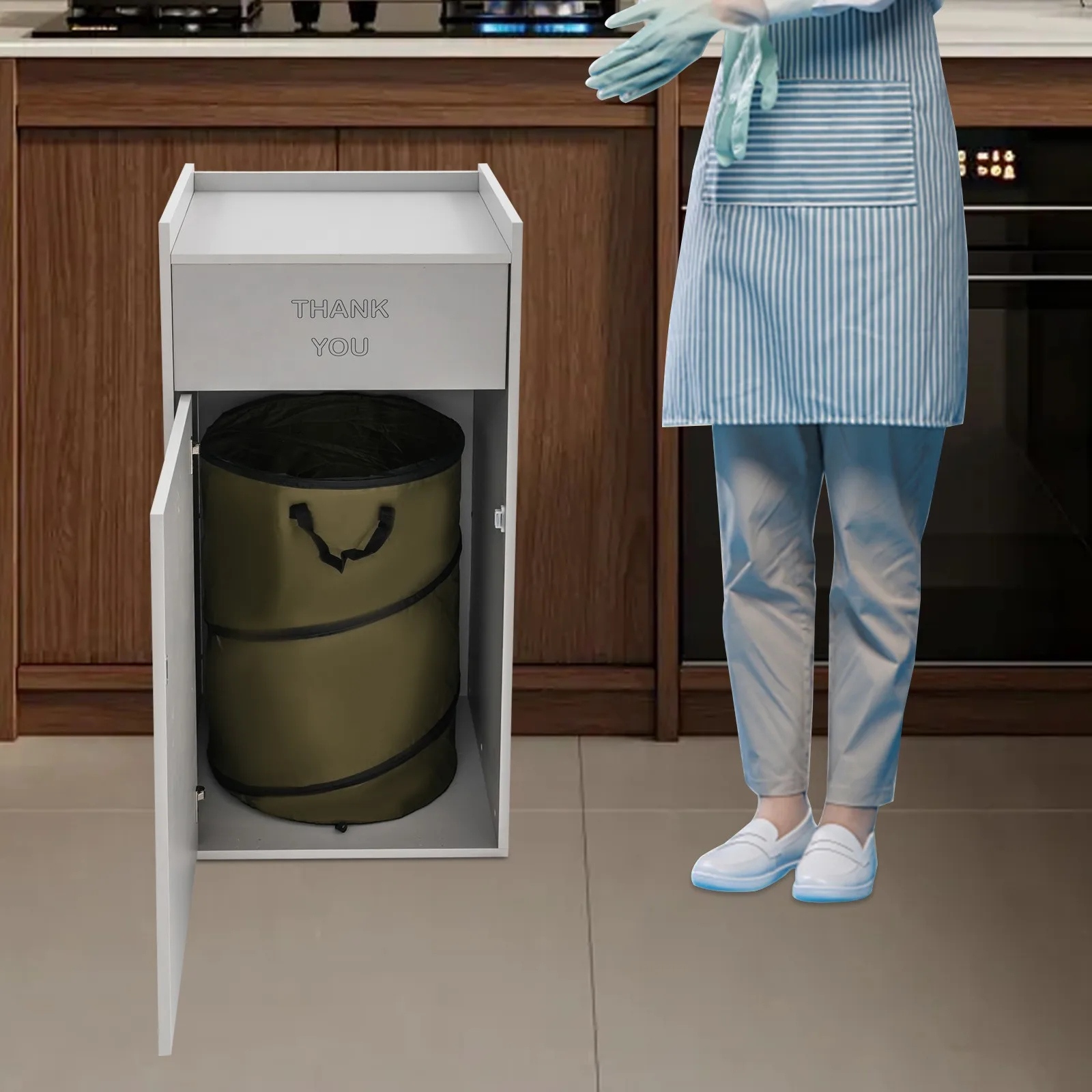 

30L Silver Wood Trash Can - White Foldable & Detachable Canvas Bin for Office/Library/Lounge, Space-Saving & Odor-Proof Design