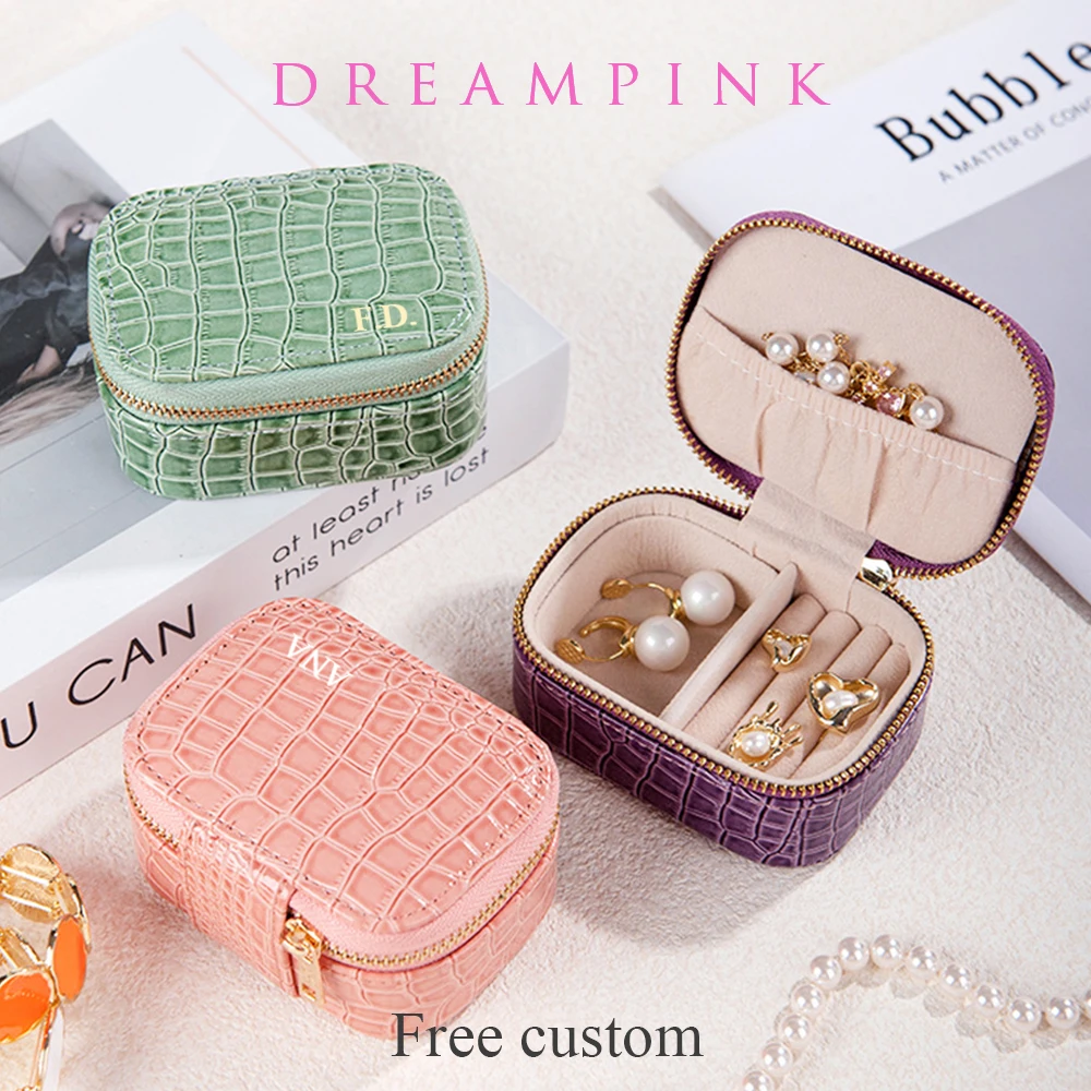 Small Travel Jewelry Box Fashion Custom Initials Women Earrings Jewellery Case Luxury Crocodile PU Leather Jewelry Organizer