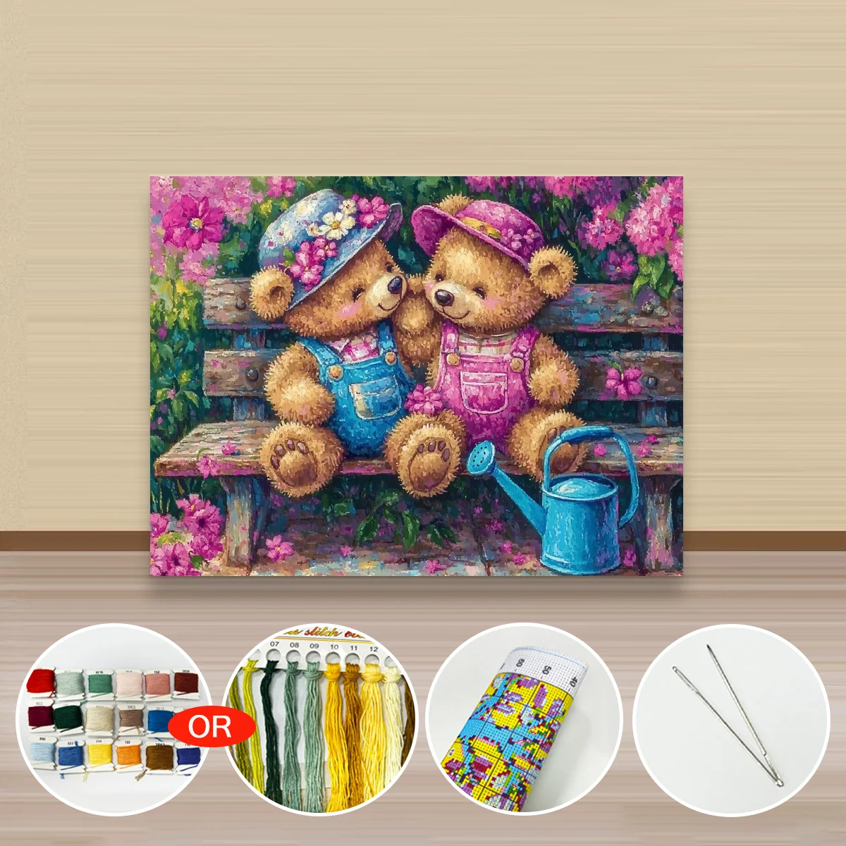 1Set  30X40CM/11.8X15.7in ,11Ct/14Ct Cross Stitch Kit Diy Garden Bench Teddy Bears Gift Embroidery Set For Festival