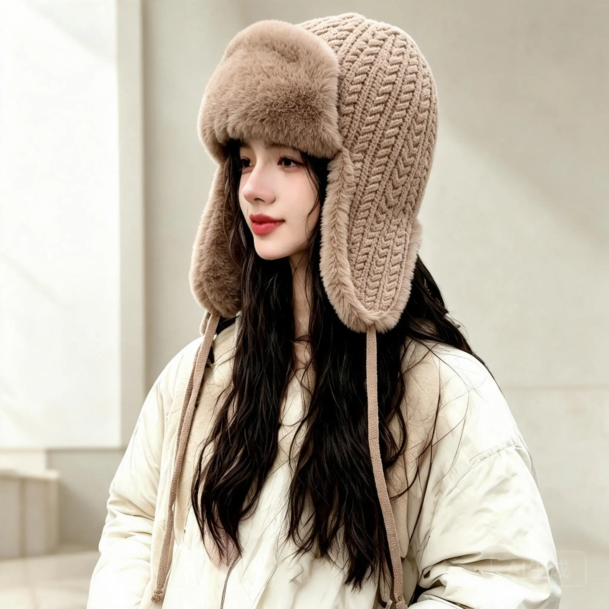 Womens Winter Thick Knit Trapper Hat With Plush Ear Flaps Warm Windproof Cap For Cycling Outdoor Daily Wear Vintage Multi Colors