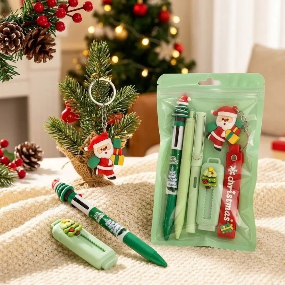 5Pcs/Set 4-color Ballpoint Pen Christmas Stationery Set Pencils Highlighter Pen Study Stationery Gifts Santa Keychain Erasers