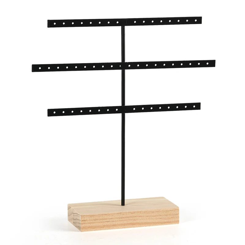 Fashion 52 Holes Earrings Display Stand Iron Necklace Bracelet Anklet Stud Earring Jewelry Storage Rack Holder With Wooden Base