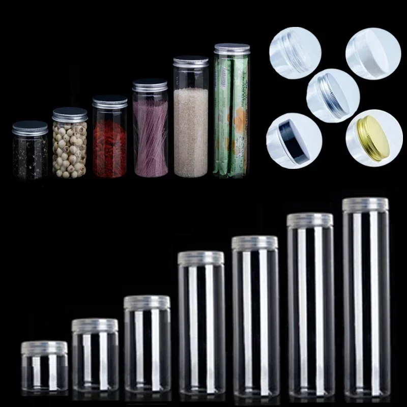 5Pcs 100ml-420ml Clear Plastic Straight Cylinders Jars W/ Aluminum Lids Refillable Storage Containers for Cargo Nuts Candy Jams