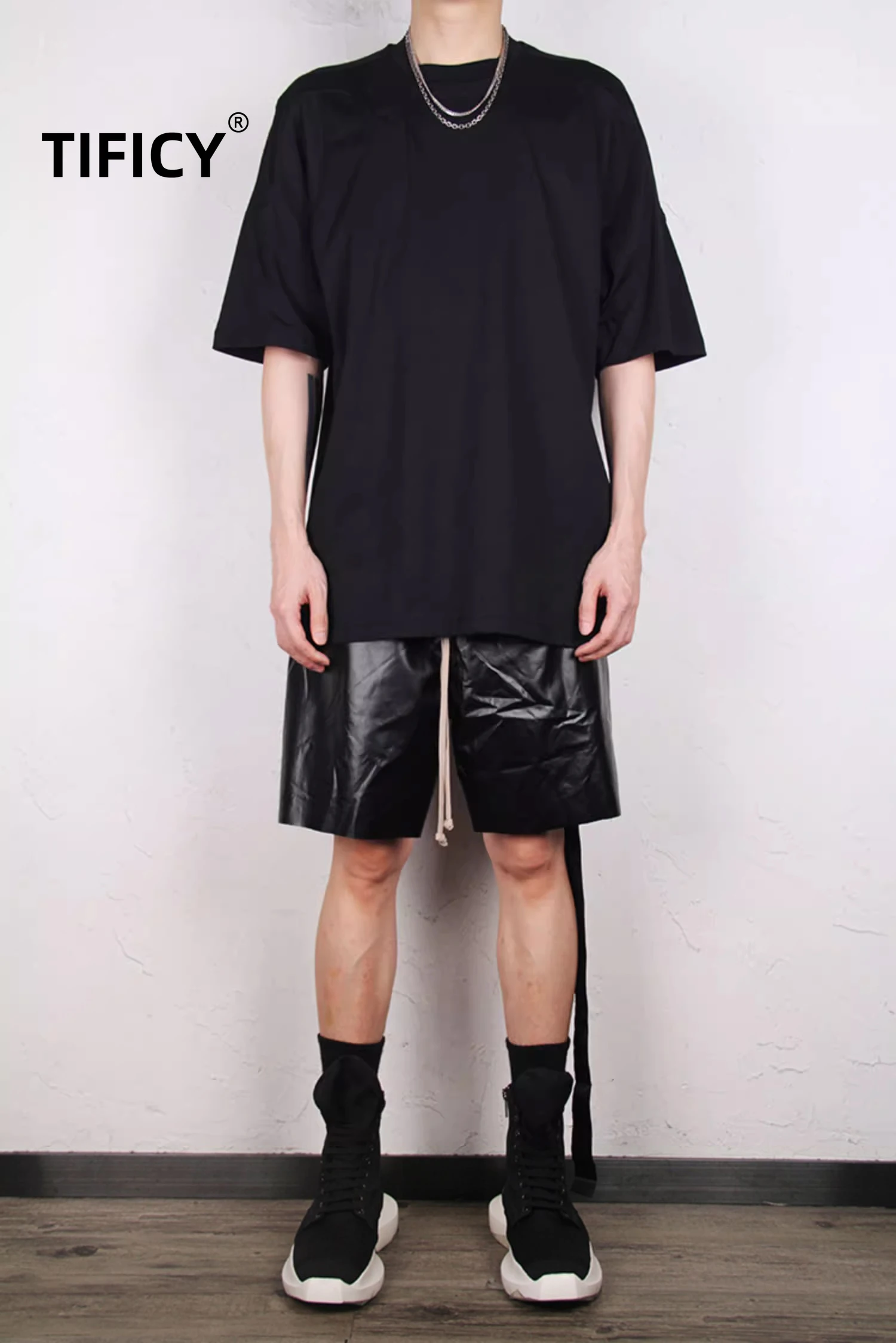 High Street Dark Ro Shorts Men's Summer Elastic Waist New Dark PU Leather Dark Wind Drawstring Straight Bottom Casual Shorts