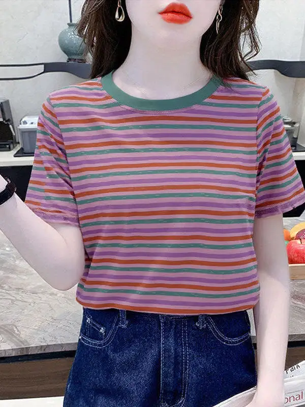 

Модная футболка для мам: новый стиль, с полосками на плечах, короткий рукав, свободный крой, летняя, с круглым вырезом, повседневный топ для женщин среднего возраста