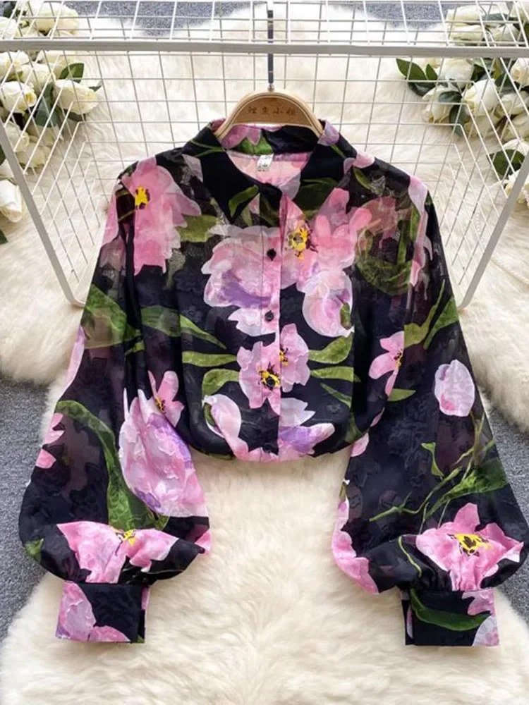 2024 New Autumn Temperament Fashion Retro Chiffon Floral Blouses Print Loose Lapel Puff Sleeve Top Button Up Shirt Female