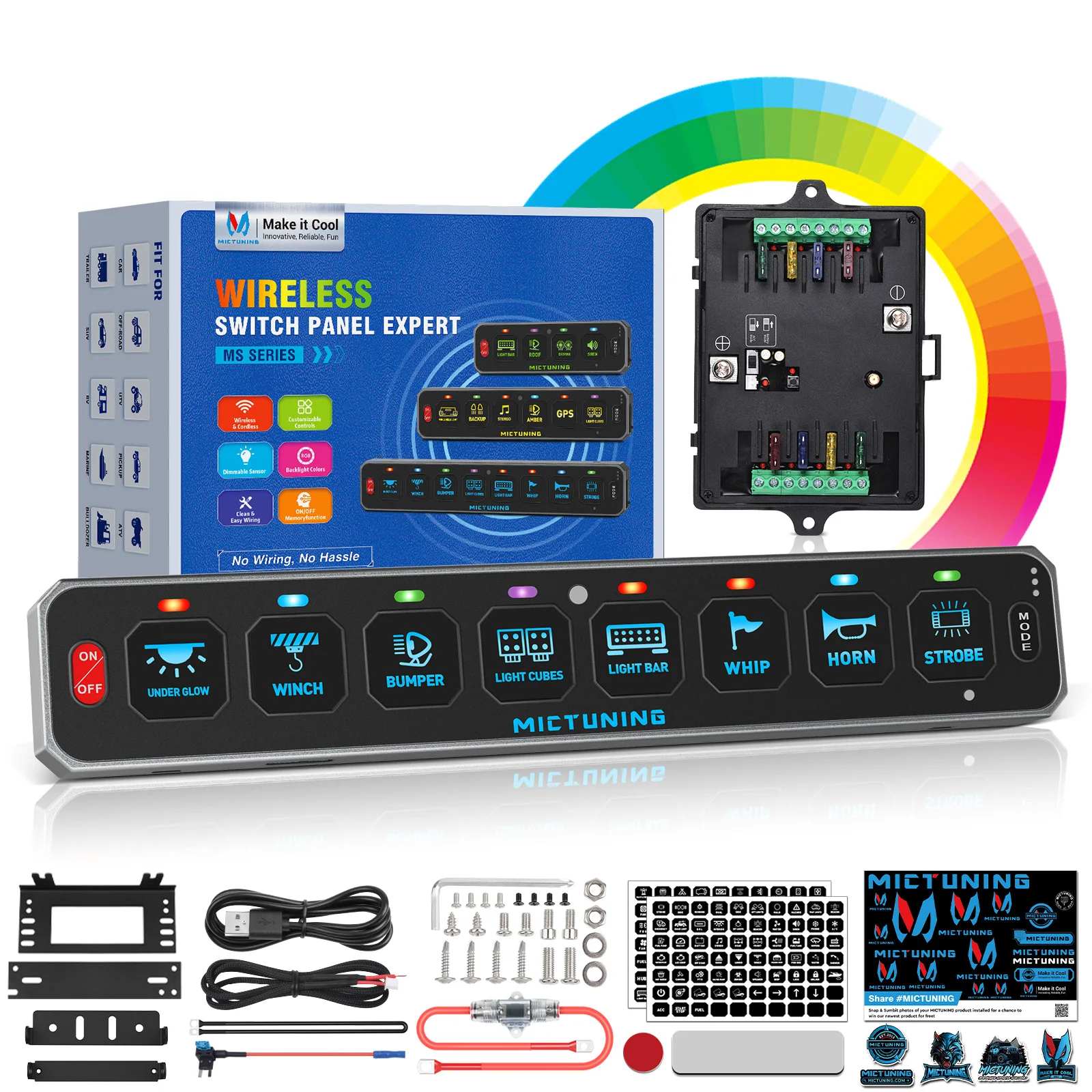 MICTUNING MS-W 8 Gang Slim Wireless Switch Panel,Wirelessly Up To 197FT Multi-Panel Control,Circuit Relay System Box For Car RV