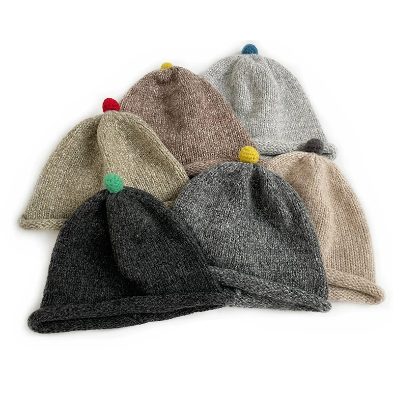 

От 2 до 6 лет красочный вязаный чепчик с помпоном, милый корейский стиль, ретро шляпа художника для девочек, вязаная шапка, модная детская шерстяная шапка, головной убор