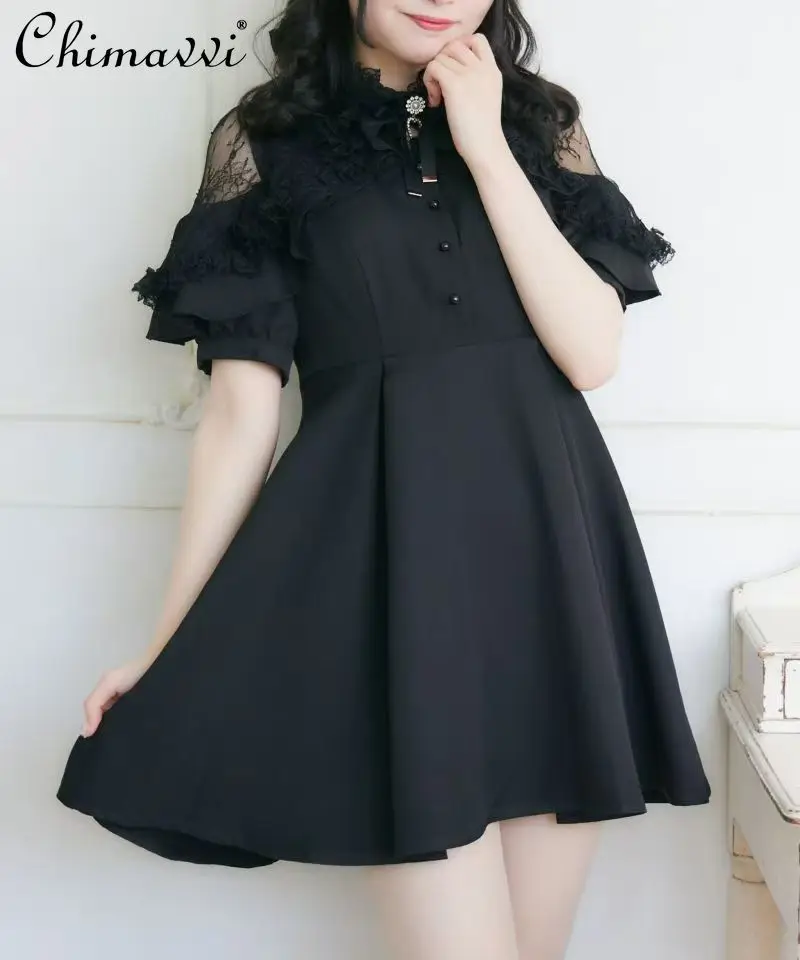 Japanese Sweet Girl Short-sleeved Lolita Dress 2024 Summer New Girl Cute Off-the-shoulder Shawl Mine Slim Women's Short Dress