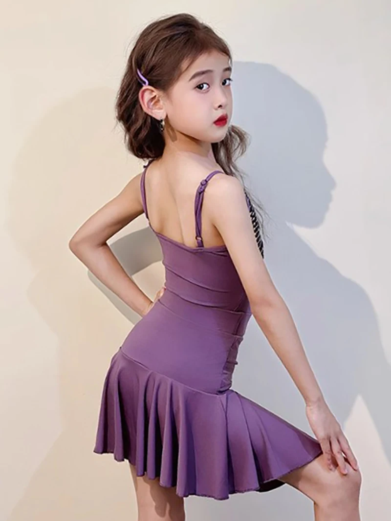 Combinaison de danse latine pour enfants filles, bretelles Spaghetti et jupe fendue plissée, vêtements de danse, Costumes de compétition d'entraînement en salle de bal
