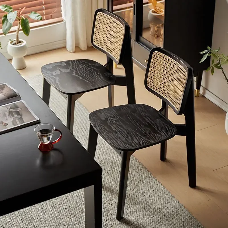 Retro black solid wood Nordic dining chair home installation free simple Internet celebrity rattan chair