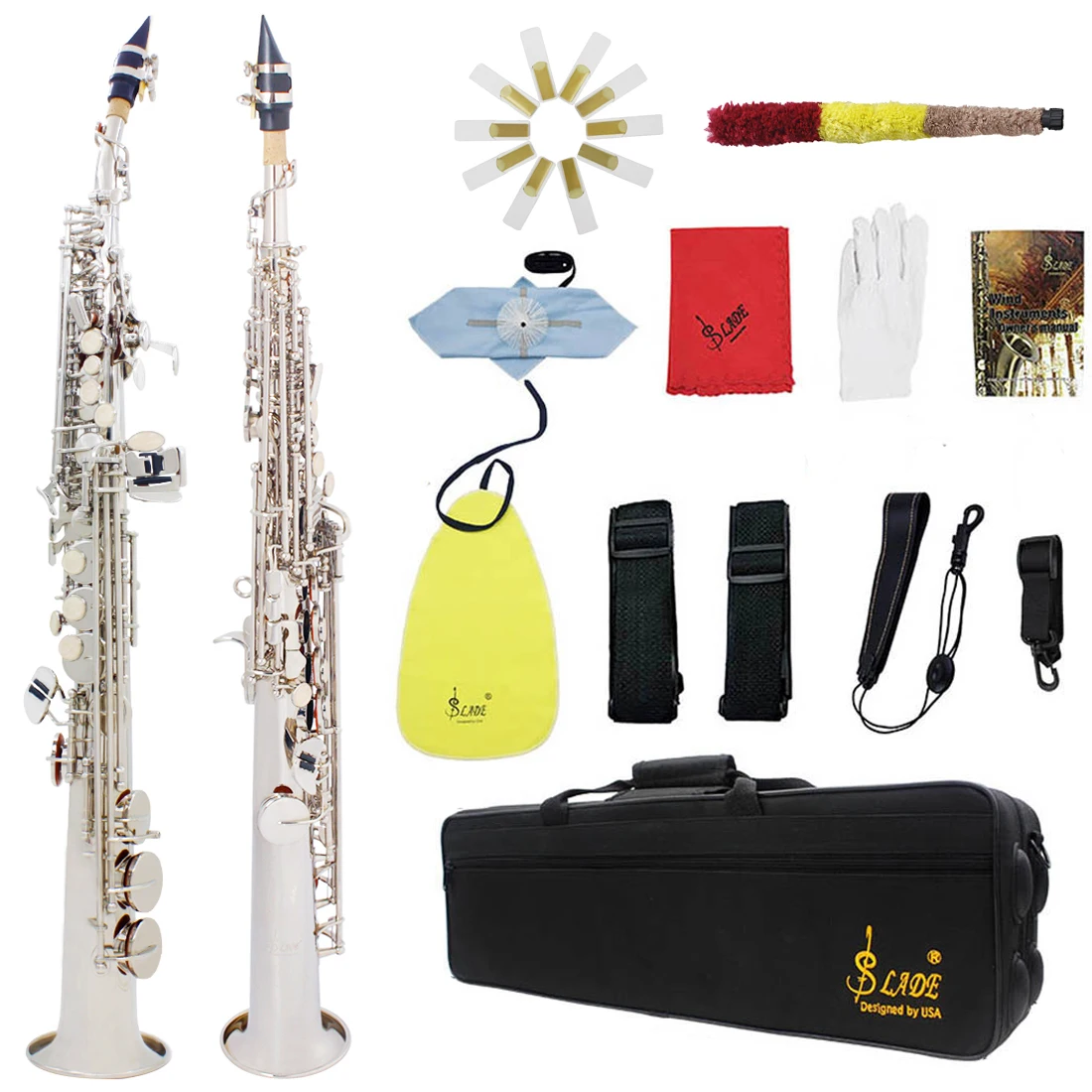 

SLADE Soprano Saxophone Silver Bb Flat Brass Straight Sax Woodwind Instrument with Case Mouthpiece Cleaning Cloth Gloves Parts