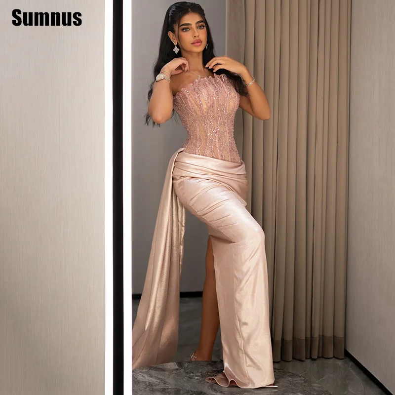 

Sumnus Elegant Mermaid Prom Dress Champagne Strapless Pleats Maxi Two Pieces Evening Dresses فساتين سهرة Customized