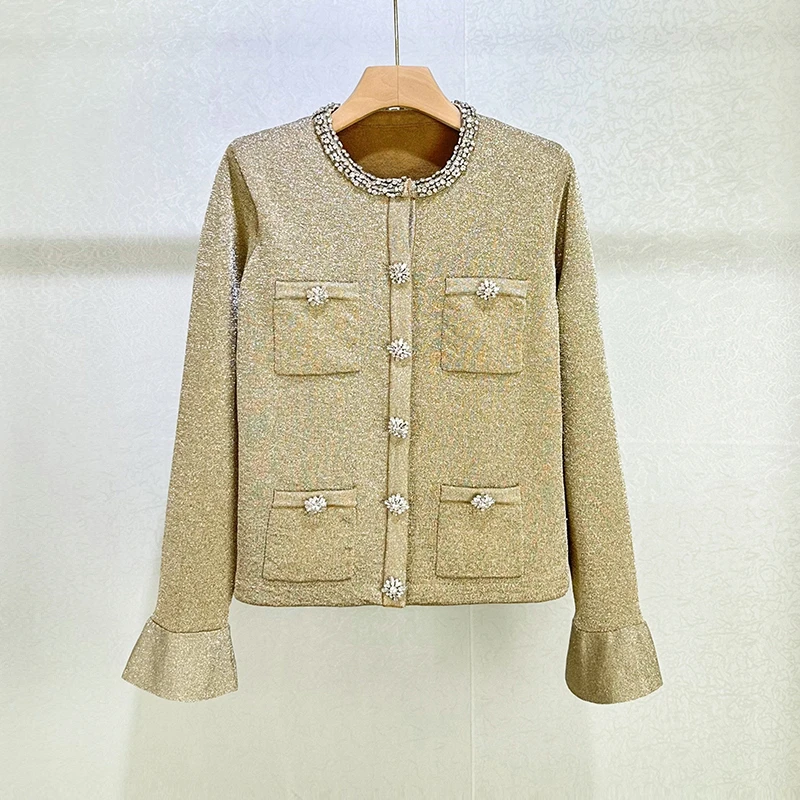 2026 Spring New Women's Heavy-Duty Rhinestone-Studded Round Neck Knit Cardigan, High-Quality Fashionable Banquet Straight Jacket