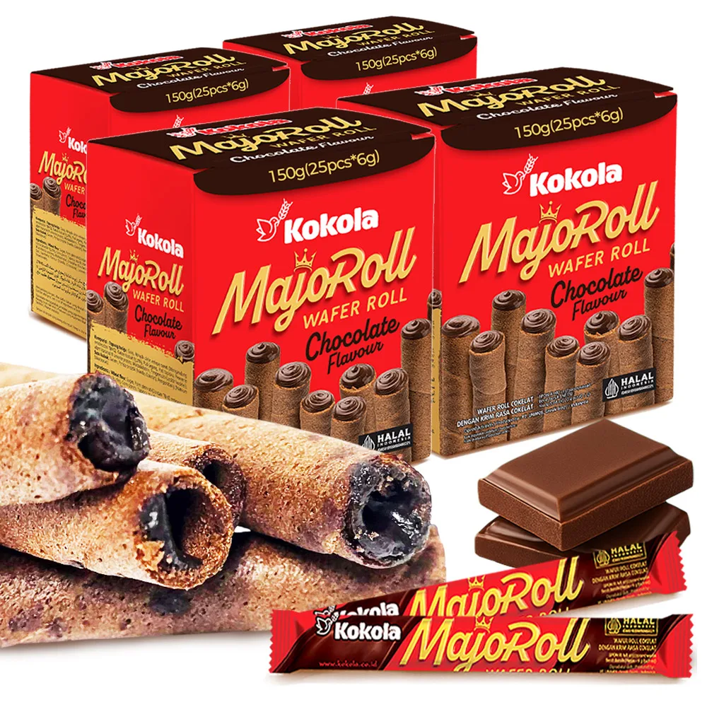 4 Schachteln (100 Päckchen) von Mazol Waffelrollenkeksen, Snacks und Süßigkeiten mit Schokoladengeschmack.