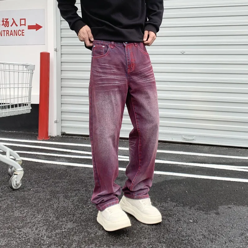 

New Wine Red High Street Washed Denim Jeans For Men Vibe Style Loose Fitting Straight Leg Slightly Flared Distressed Pants