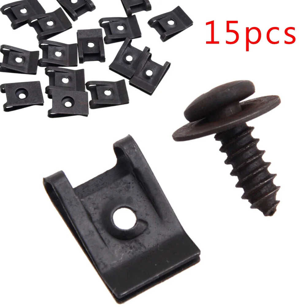15x  Spring Metal U-Type Clip With Screw Car Side Skirts Bumper Fender Leaf Board Trim Panel Fasteners Grommet Clip NEW