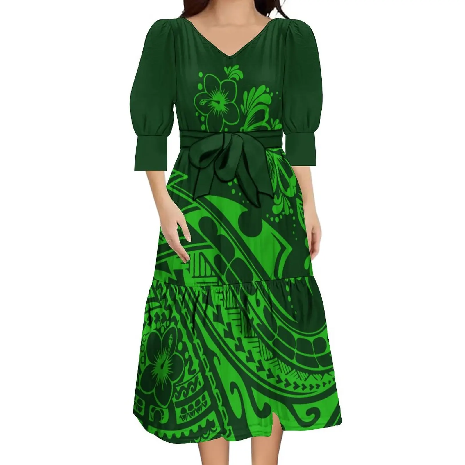 Support Your Design For Women V-Neck Dress Polynesian Tribal Print Midi Strap Mid-Sleeve Dress 6xl image 3