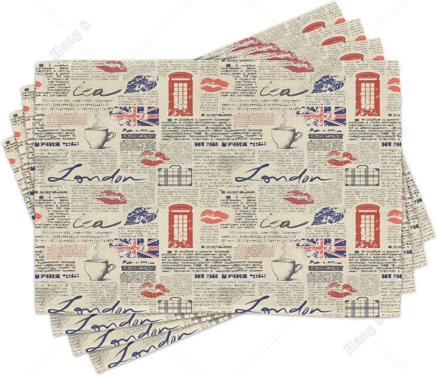 Tea Party Place Mats Set of 4 London Newspaper Inspired Background with Grunge Elements Kiss Marks Washable Fabric Placemats