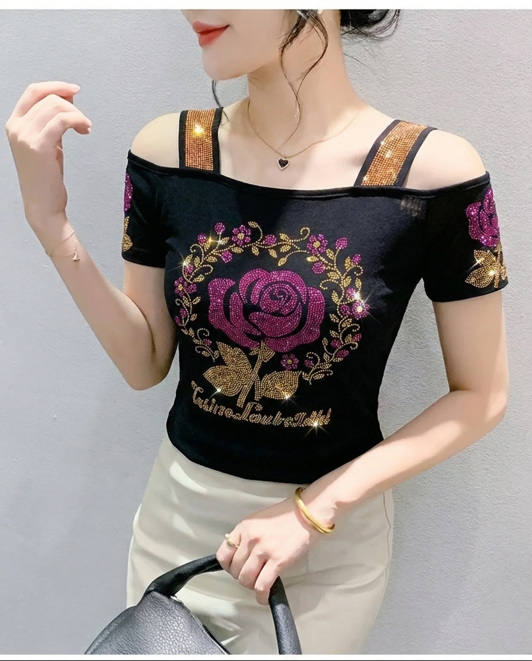 New Designer Hot Diamond Mesh T-Shirt Women Korean Style Sexy Off Shoulder Slim Tee Summer Casual Streetwear Tops