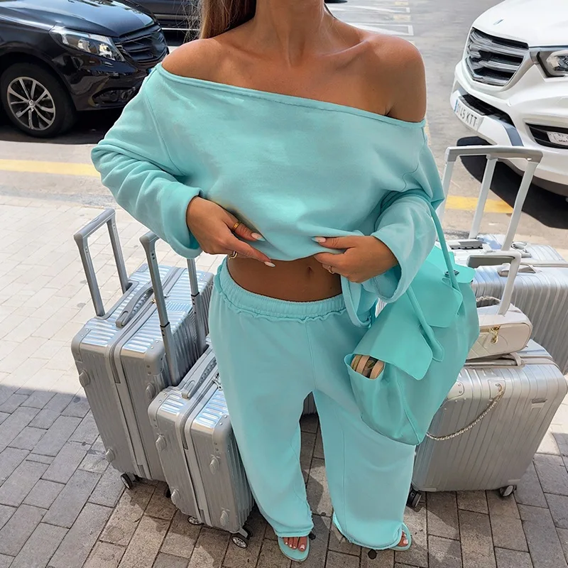 JENYAGE Damen 2-teiliges Set, schulterfreies Langarm-Sweatshirt, weich und gemütlich, Jogginghose mit elastischem Bund, lockere Passform, lässiges Loungewear-Set – Detail 4