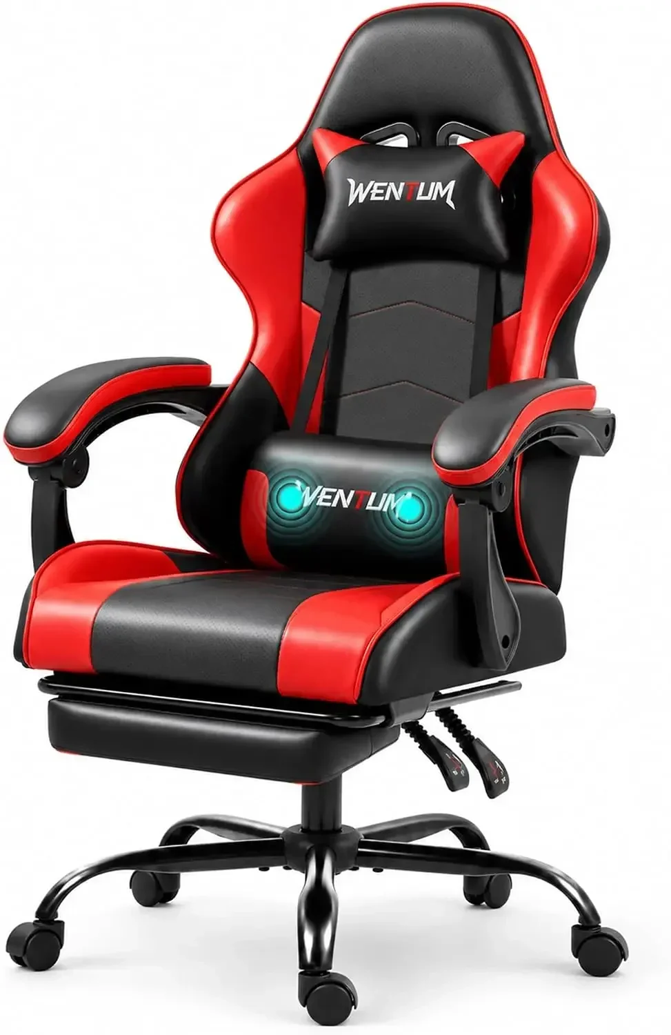 Gaming Chair with Footrest for Adults, PU Leather Massage Racing Video Game Chair W/Lumbar Support for Men Women, Ergonomic Computer Gamer Chair for Home Office, Height Adjustable, Red