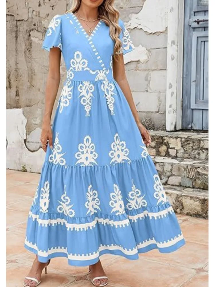 Casual Boho Print Dress For Women Fashion Short Sleeve V Neck High Waist Loose Dresses Robe Femme Holiday Beach Skirt Summer New