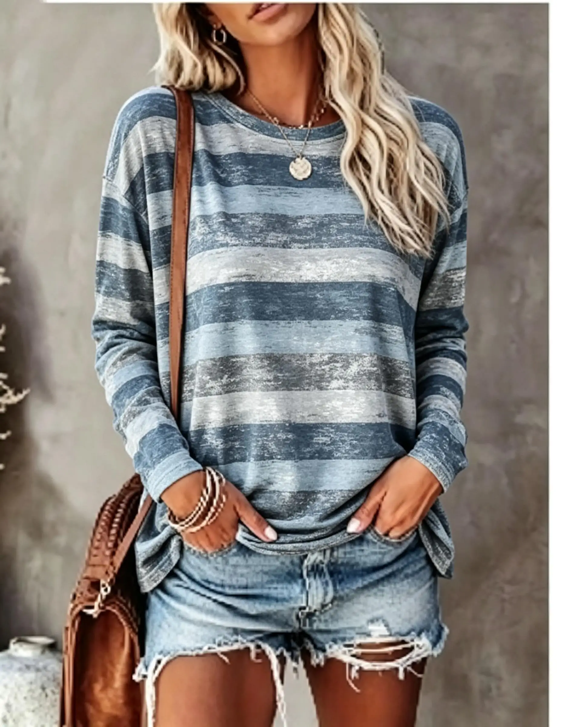 Women Long Sleeve T‑Shirt Vintage Distressed Color Block Stripe Print Crew Neck Casual Fall Tops view 2