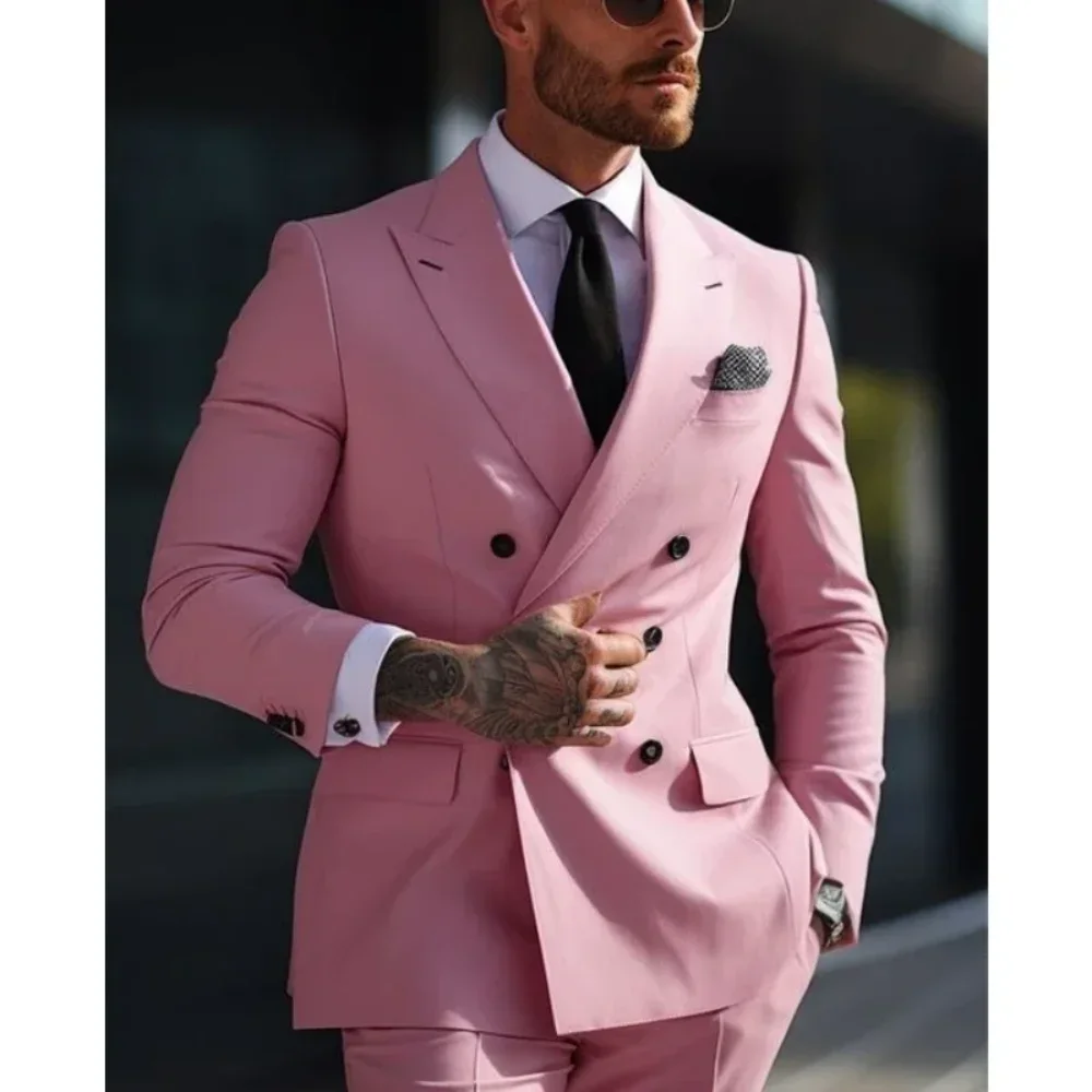 

Male Slim Fit Fashion Outfits Formal Pink Men Suit Sets Business Banquet Classic Peaked Lapel Blazer Pants Two Pieces