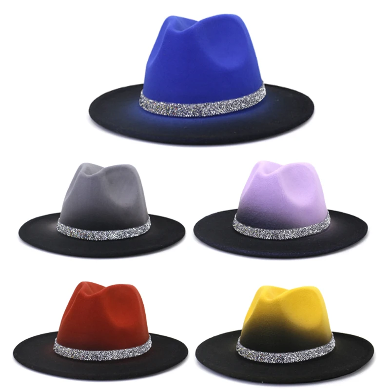 Shiny Ribbon Men Woolen Cap Winter Fedoras Hats for Women Cowboy Spray Painted Woolen Jazz Hats British Big Eaves Hat Panama