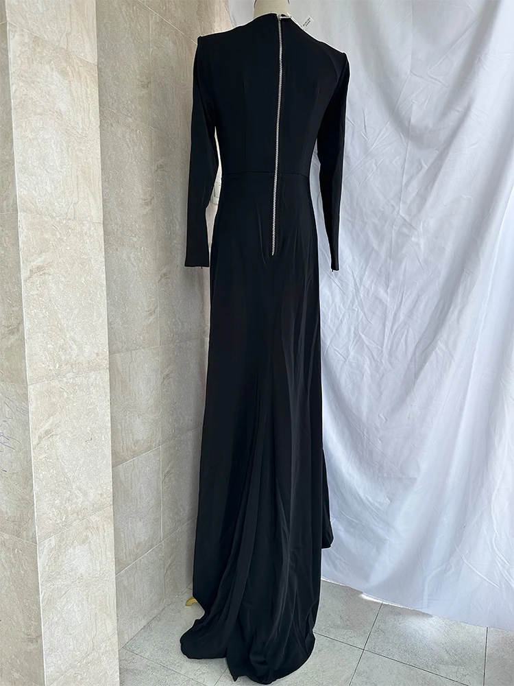 VKBN News Party Evening Dresses Women Fashion High Waist V-neck Long Sleeve Split Fork Dresses for Female