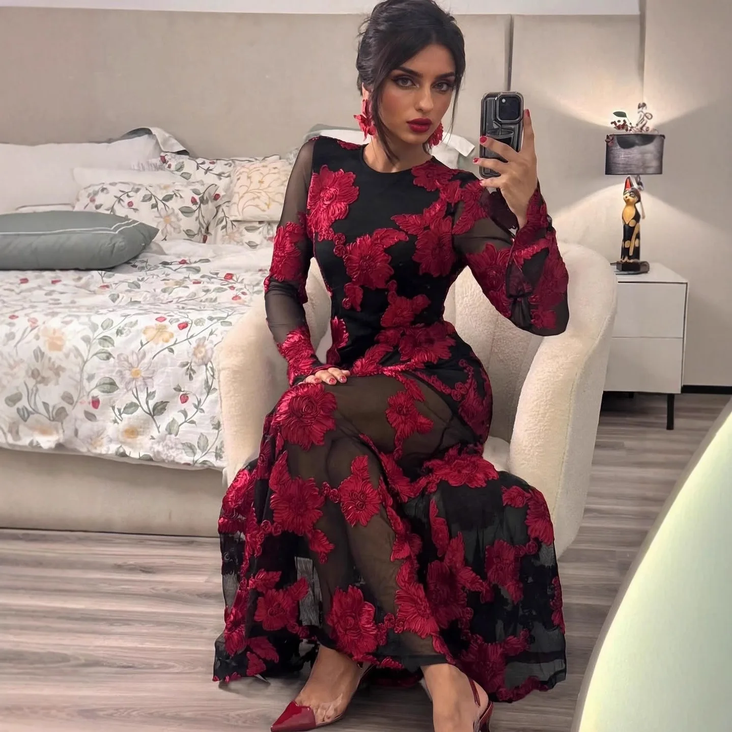 DSMTRC Frauen Lange Flare Hülse Sexy Party Kleider Luxus Gestickte Blumen Mech Patchwork Sheer Elegante Mantel Meerjungfrau Vestidos