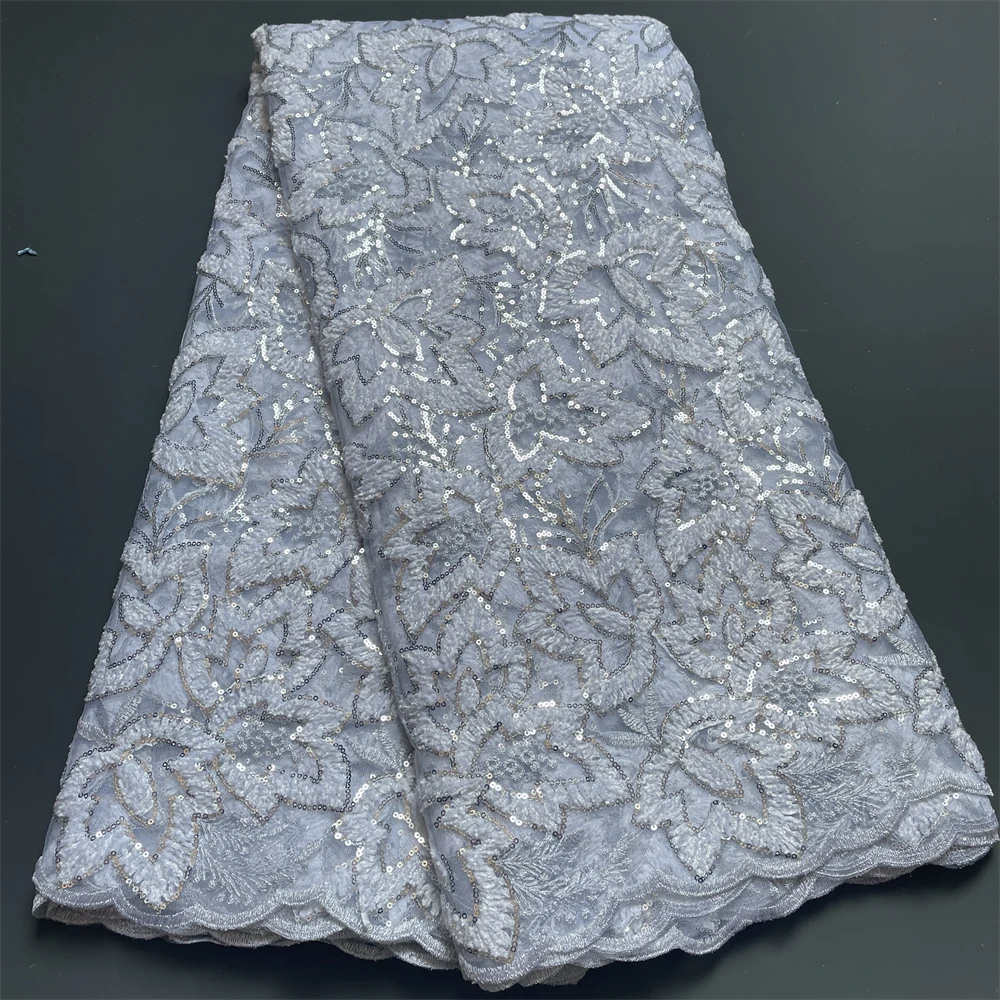 With Sequins Latest African Lace Fabric 2023 High Quality Embroidery For Women Brocade White Mesh Lace Fabrics Nigerian 5 Yards