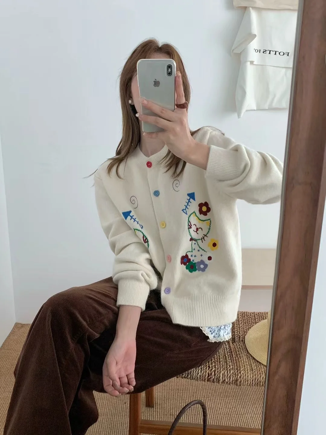 

Fiti вышивка мультфильм чистый цвет круглый Ne Art вязаный открытый кардиган женский мягкий длинный све теплый трикотаж