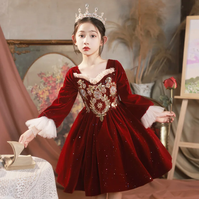 French Girls Elegant Evening Princess Ball Gown Children Fashion Sequin Design Long Sleeve Birthday Party Wedding Dress y1421