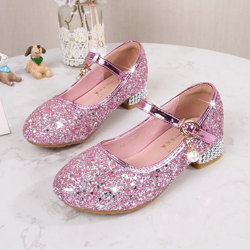 children High Heels Shoes Kids Fashion Piano Show Shoes Girls Leather Shoes Princess Party Diamond Shoes Sequin Shoes