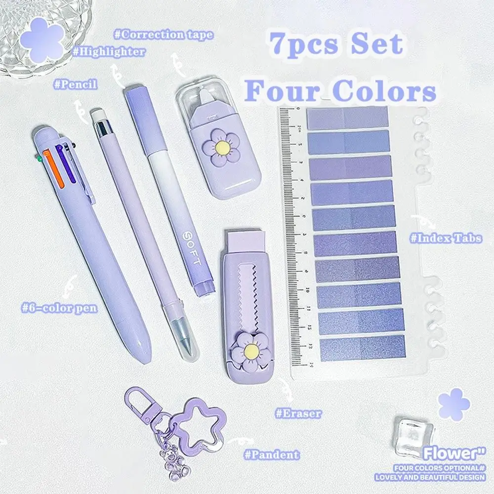 7pcs Flower Themed Cute Stationery Set Push Pull Eraser Correction Tape Aesthetic School Supplies Index Tabs