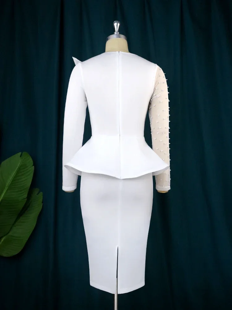 Aomei Vrouwen White Party Jurk Sexy Lange Mouwen O Hals Kralen Mesh Patchwork Peplum Elegante Event Avond Verjaardag Afrikaanse Jurken