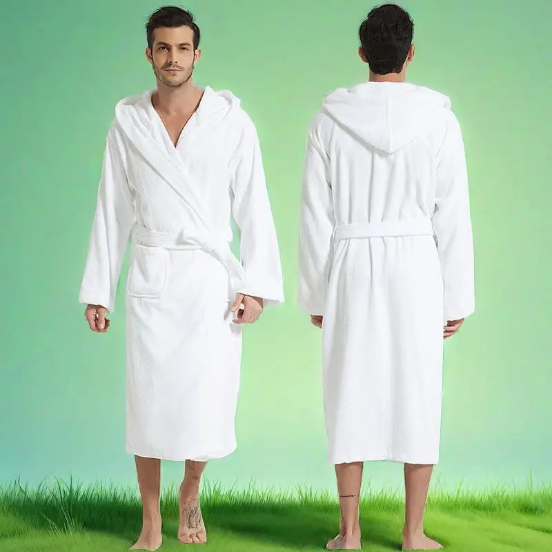 

Hooded Bathrobe for Men, Thick Warm Towel, Fleece Cotton Dressing Gowns, Long Bath Robe, Hotel Spa, Soft Bridesmaid, 100% Cotton