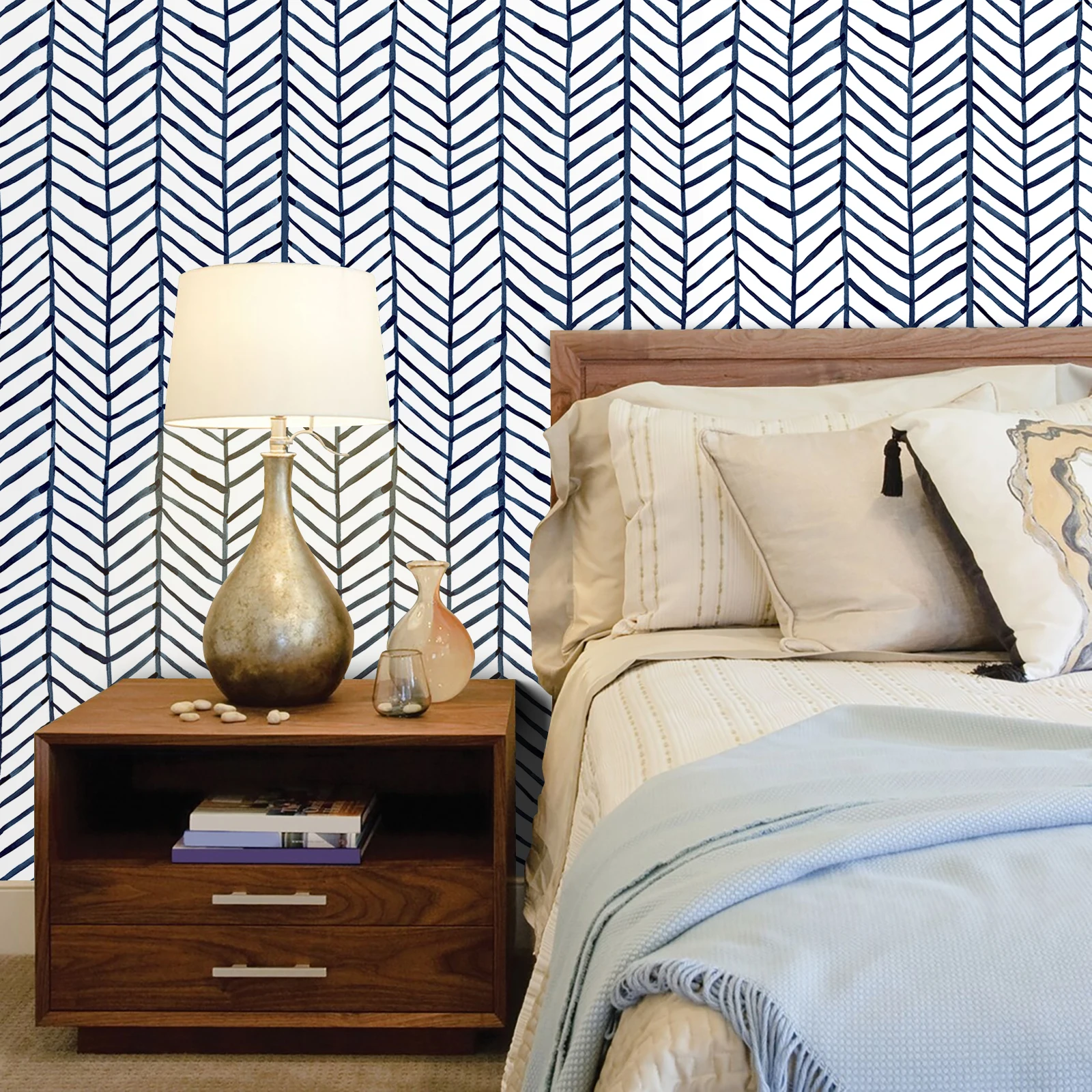 1 Stück moderne Streifen-Tapete zum Abziehen und Aufkleben, blau-weißes Fischgrätenmuster, selbstklebendes Vinyl-Kontaktpapier für Kinderzimmer, Heimdekoration