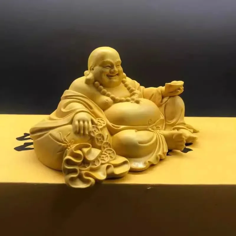 Boxwood Carved Buddha Statue for Car & Desktop Decor, Lucky Smiling Maitreya, Feng Shui Ornament for Wealth & Safety
