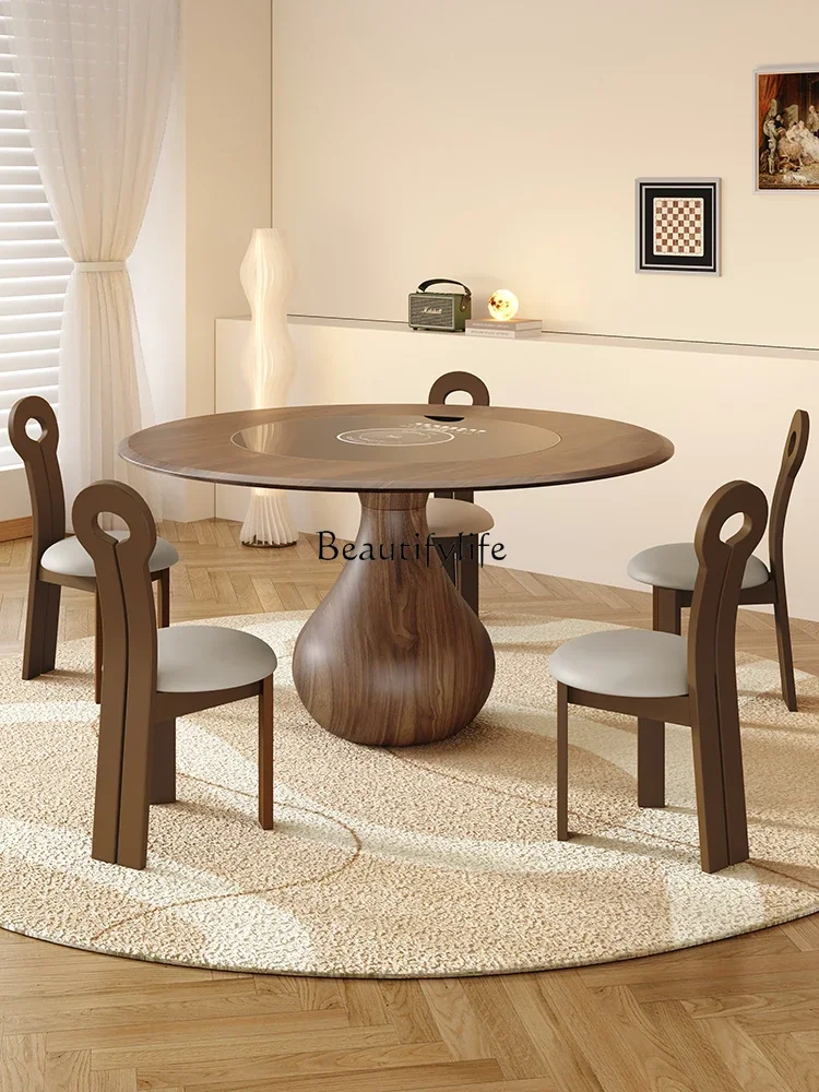 Solid wood dining table round retro style Nordic simple with turntable household dining table