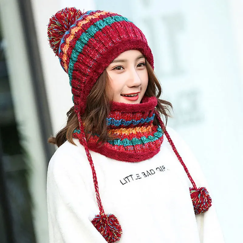 Extra fleece and thick knitted ear protection hat women's Korean version of fashionable hairball hat outdoor warm women's set