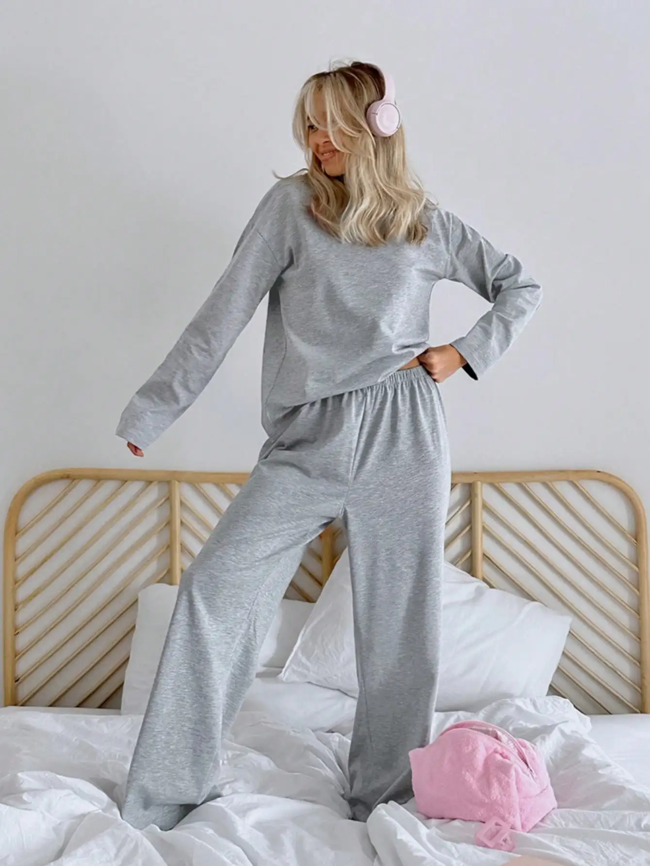 

Женский простой однотонный свободный повседневный комплект из 2 предметов с длинными рукавами, удобный и мягкий комплект домашней одежды на весну и осень