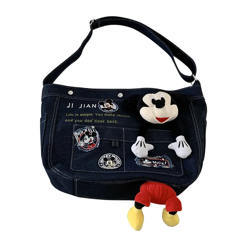 

Disney Mickey Mouse Cartoon Denim Large Capacity Crossbody Shoulder Tote Bag for Students School Commuting Daily Use