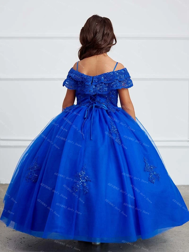 

Customized Girls Princess Pageant Dress Drop Shoulder Ball Gown Wedding Flower Girls Sequined Applique Party Dress With Sleeve
