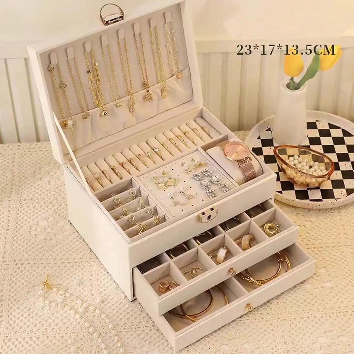 1 Stück 3-lagige Schmuckschatulle aus PU-Leder mit großem Fassungsvermögen: Abschließbare Aufbewahrung für Uhren, Ringe, Ohrringe und Halsketten