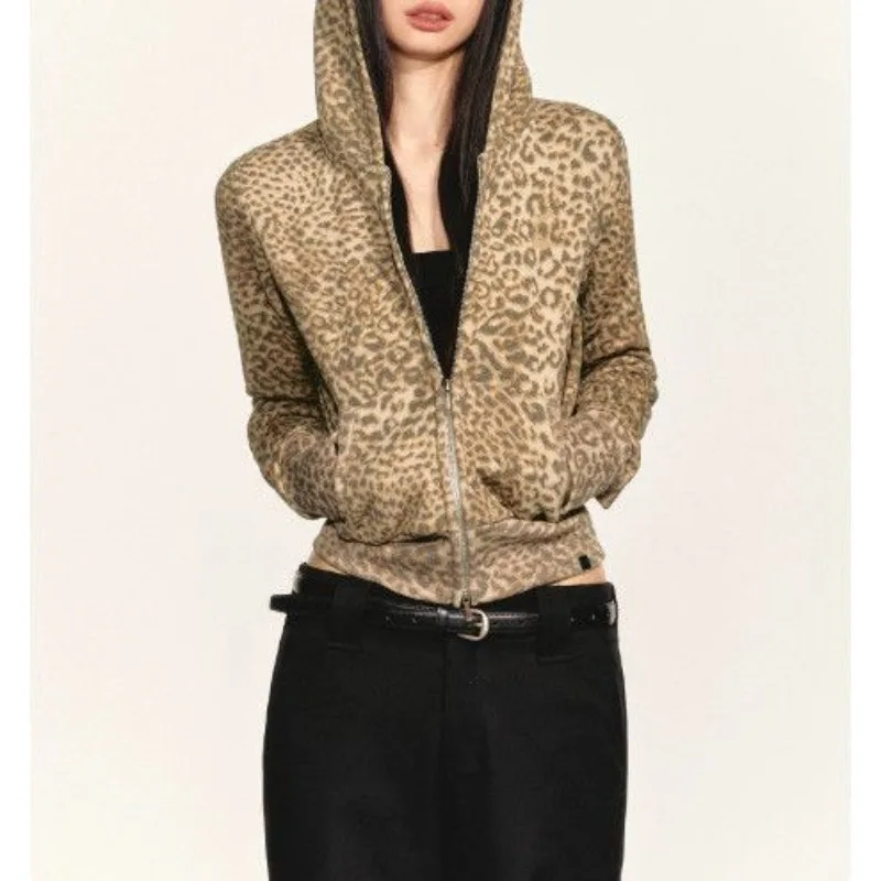 Spice Girl Jacket Leopard Print Hooded Short Zipper Sweater Coat for Women