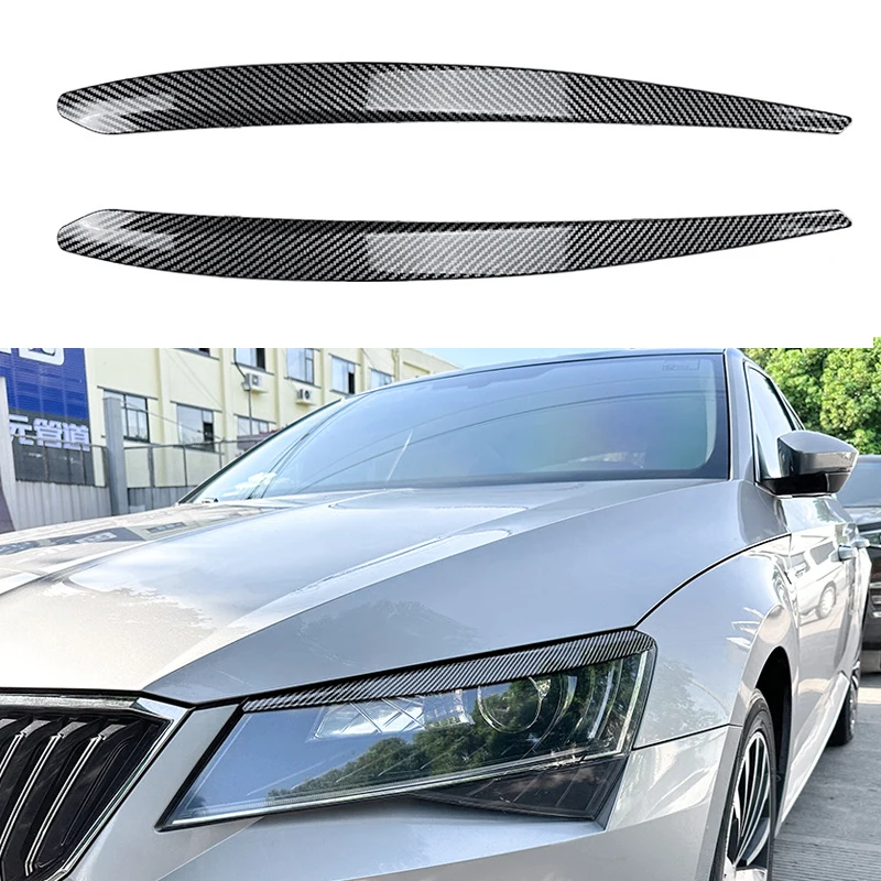 For SKODA Superb B8 Car Front Headlight Eyebrow Eyelid Lamp Light Eyebrows Sticker Glossy Black Carbon Fiber ABS Auto 2016-2018